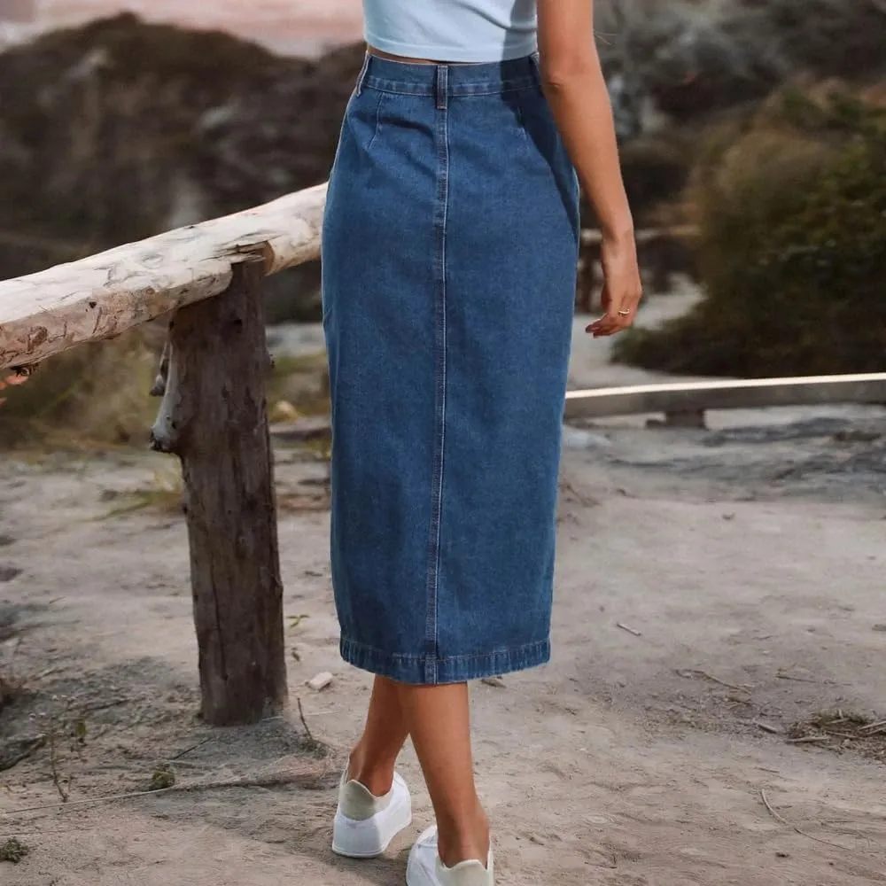 Women High Waist Button Front Denim Skirt Casual Street Style Split Hem Vintage Midi Skirt