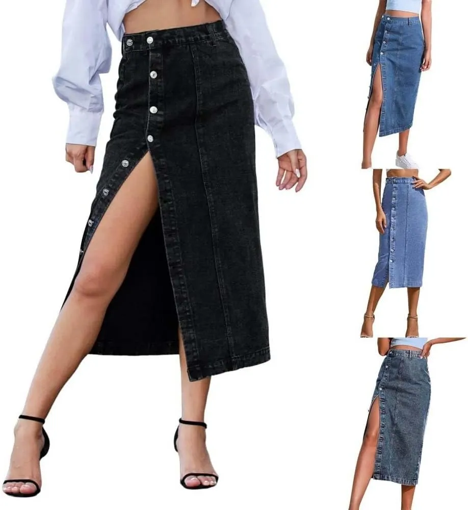 Women High Waist Button Front Denim Skirt Casual Street Style Split Hem Vintage Midi Skirt