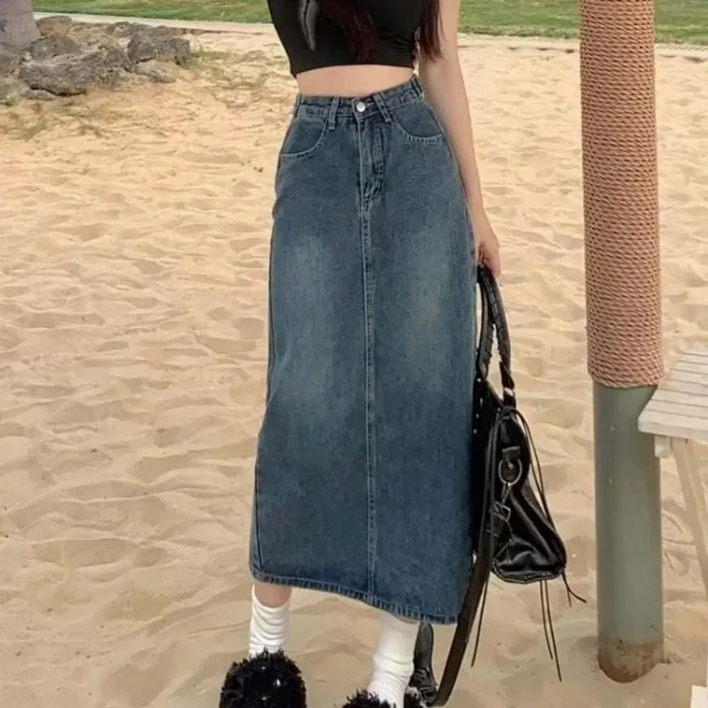 Women High Waist Denim Skirt Button Front Split Midi Skirt Casual A Line Summer Street Style Skirt