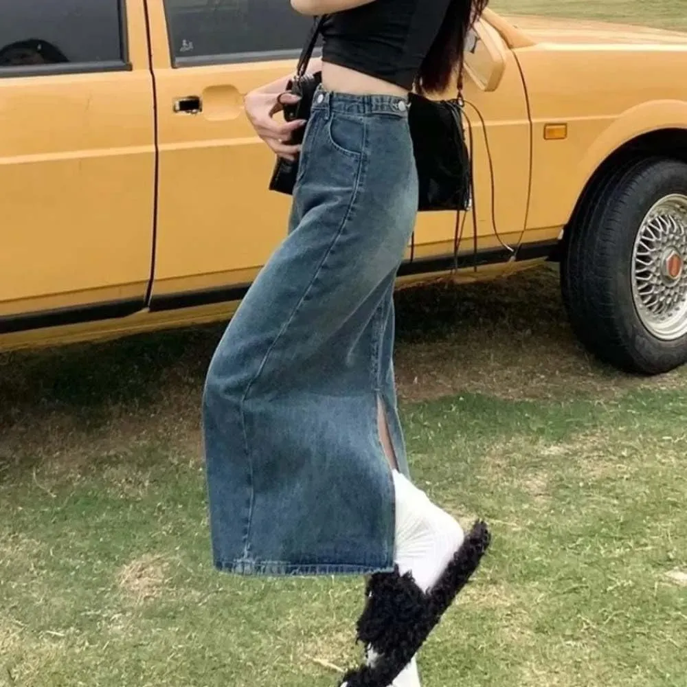 Women High Waist Denim Skirt Button Front Split Midi Skirt Casual A Line Summer Street Style Skirt