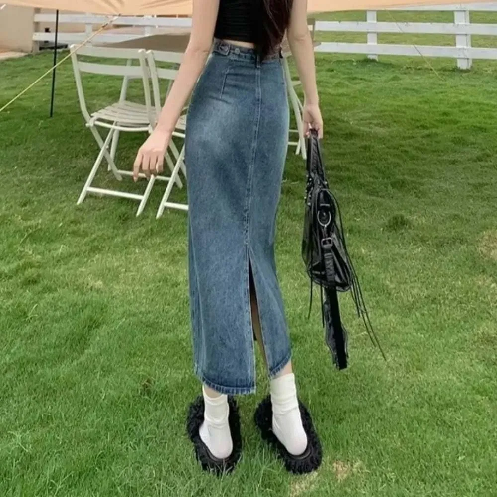 Women High Waist Denim Skirt Button Front Split Midi Skirt Casual A Line Summer Street Style Skirt