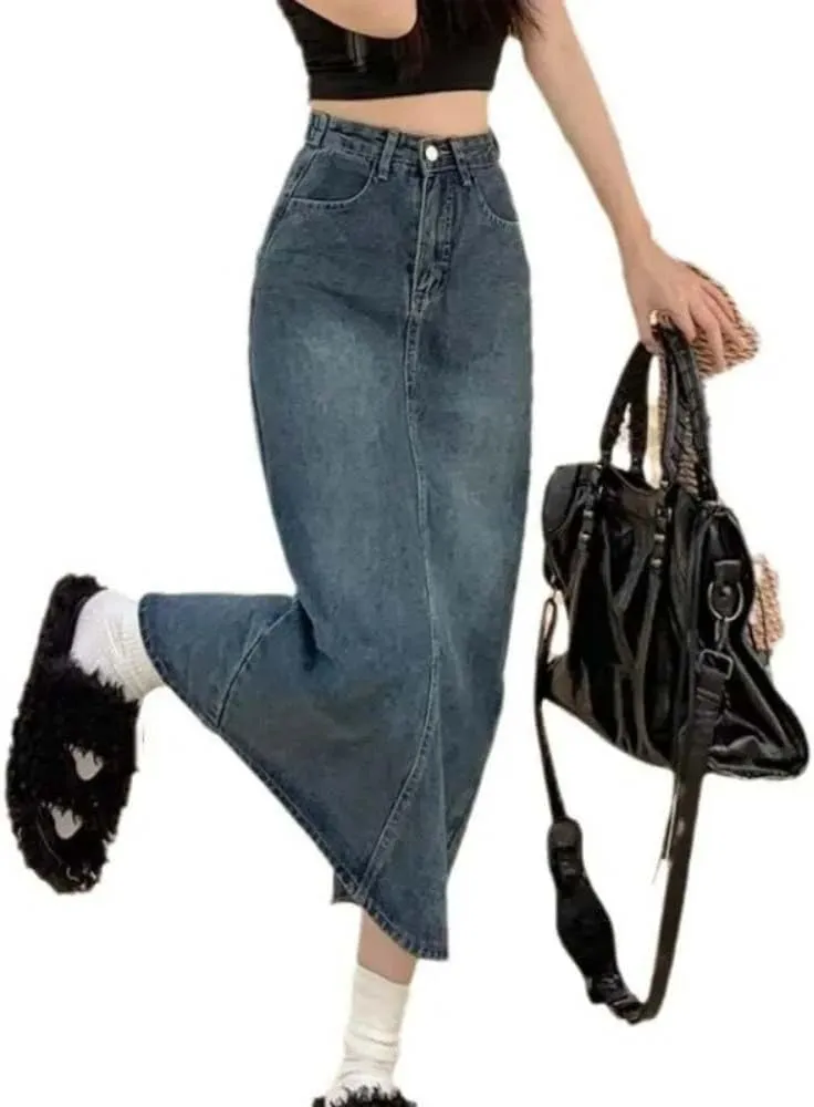 Women High Waist Denim Skirt Button Front Split Midi Skirt Casual A Line Summer Street Style Skirt