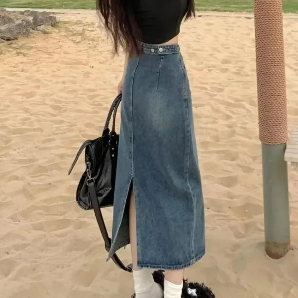 Women High Waist Denim Skirt Button Front Split Midi Skirt Casual A Line Summer Street Style Skirt