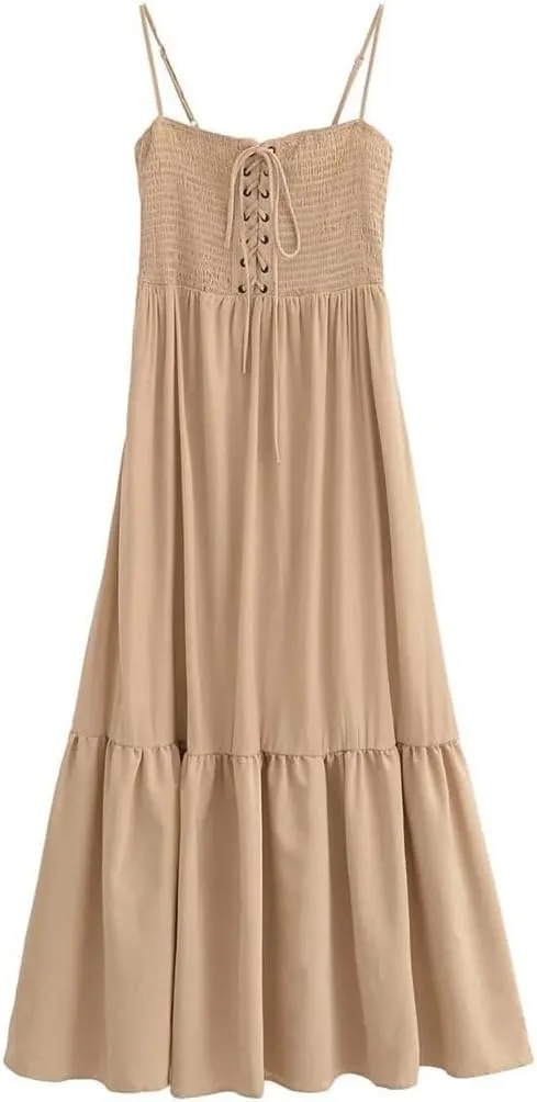 Women Poplin Plaid Midi Dress Adjustable Suspender Street Style Skirt with Slim Lightweight Layered Dress