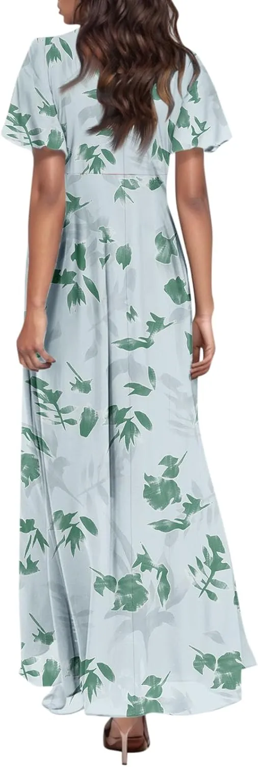 Women Summer Bohemian Floral Casual Wrap V Neck Ruffle Cap Sleeveless Belt A-Line Pleated Hem Long Sundress