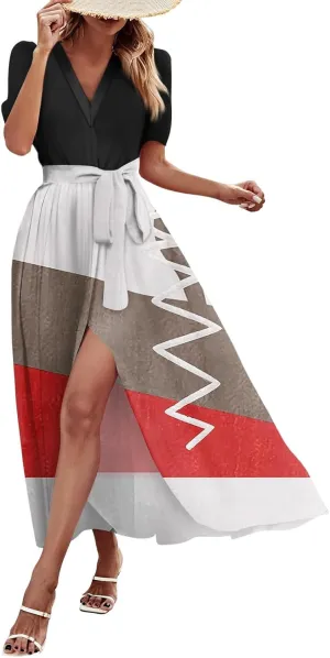 Women Summer Color Block Maxi Dress Vacation Floral Short Sleeve Spring Casual Boho Split Beach Long Flowy Sundress