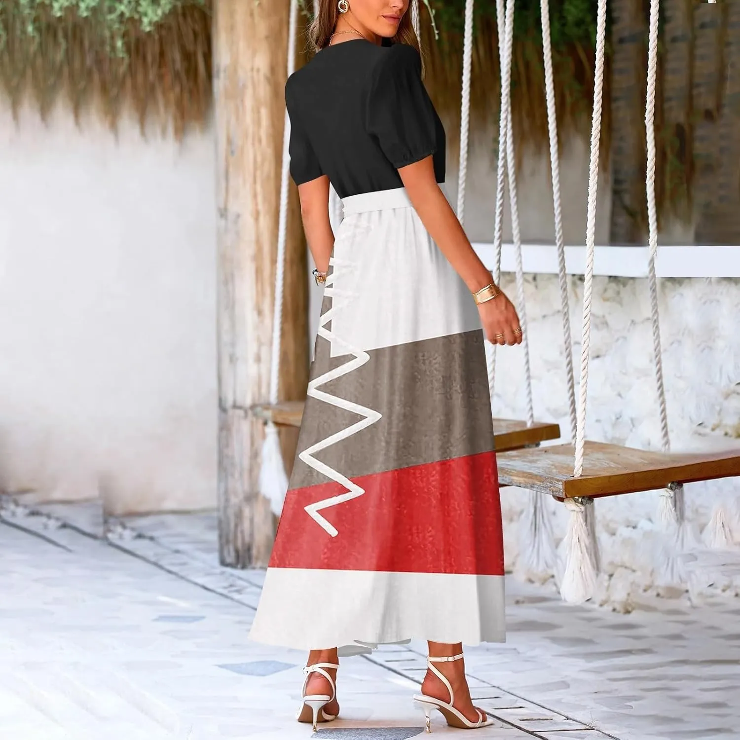 Women Summer Color Block Maxi Dress Vacation Floral Short Sleeve Spring Casual Boho Split Beach Long Flowy Sundress