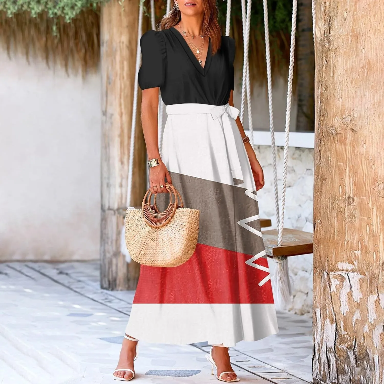 Women Summer Color Block Maxi Dress Vacation Floral Short Sleeve Spring Casual Boho Split Beach Long Flowy Sundress