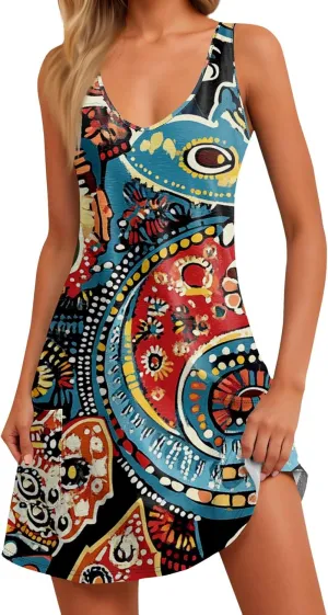 Women Summer Dresses Casual 2025 Sundress V Neck Sleeveless Dress with Pocket Beach Printed Swimsuit Coverup