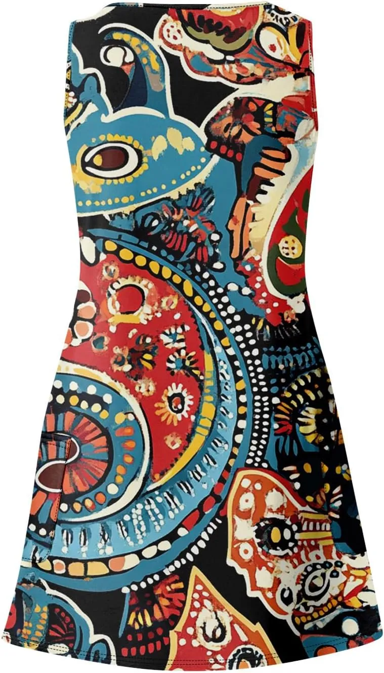 Women Summer Dresses Casual 2025 Sundress V Neck Sleeveless Dress with Pocket Beach Printed Swimsuit Coverup