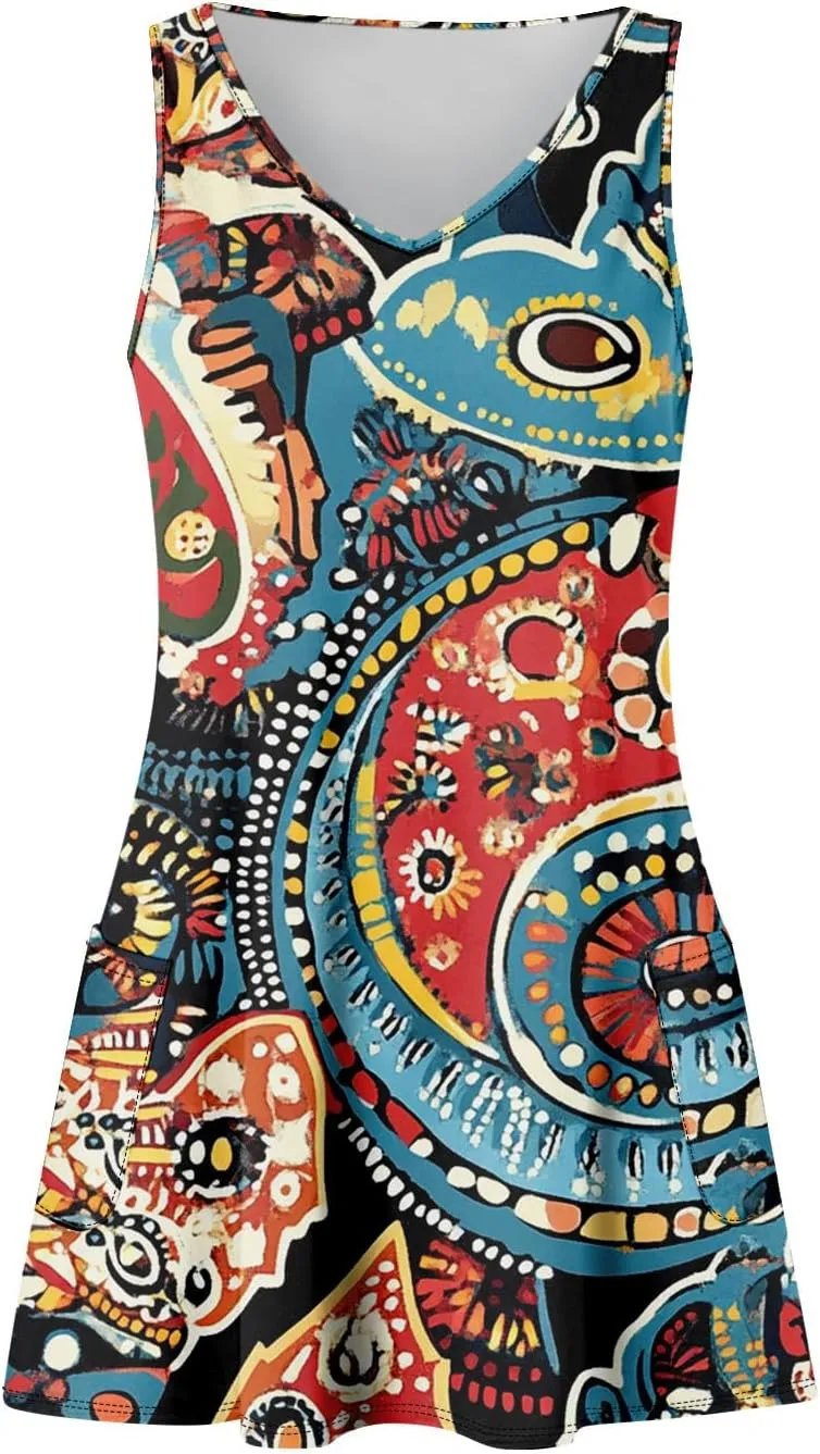 Women Summer Dresses Casual 2025 Sundress V Neck Sleeveless Dress with Pocket Beach Printed Swimsuit Coverup
