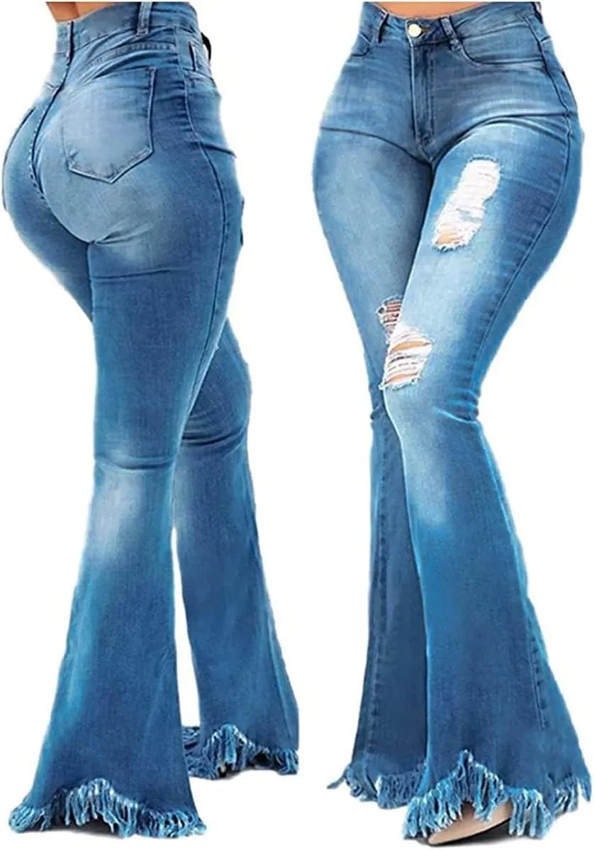 Women Vintage 90s High Waist Ripped Bell Bottom Jeans Plus Size Distressed Skinny Stretch Tassel Hem Flare Denim Pant