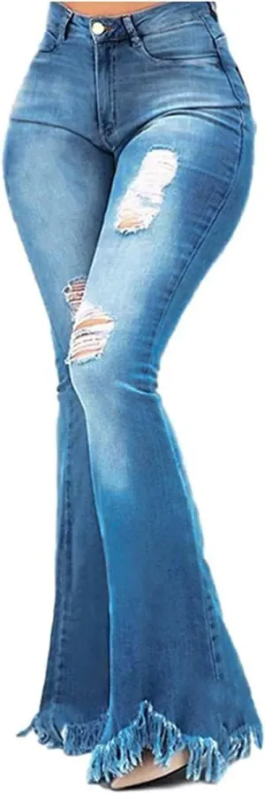 Women Vintage 90s High Waist Ripped Bell Bottom Jeans Plus Size Distressed Skinny Stretch Tassel Hem Flare Denim Pant