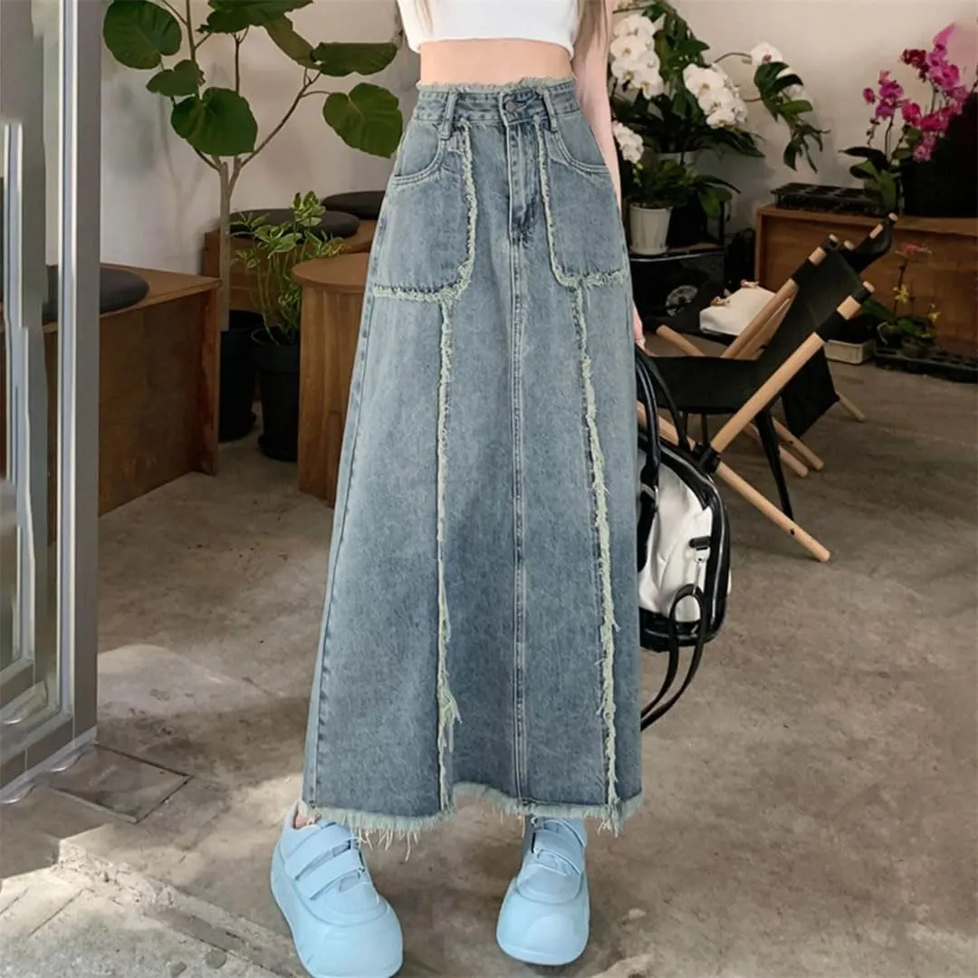 Women Vintage Denim Dress for High Waisted Edge Stitched Jean Street Style A Line Loose Fit Maxi Skirts