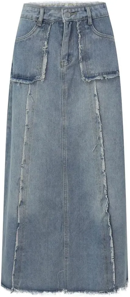 Women Vintage Denim Dress for High Waisted Edge Stitched Jean Street Style A Line Loose Fit Maxi Skirts