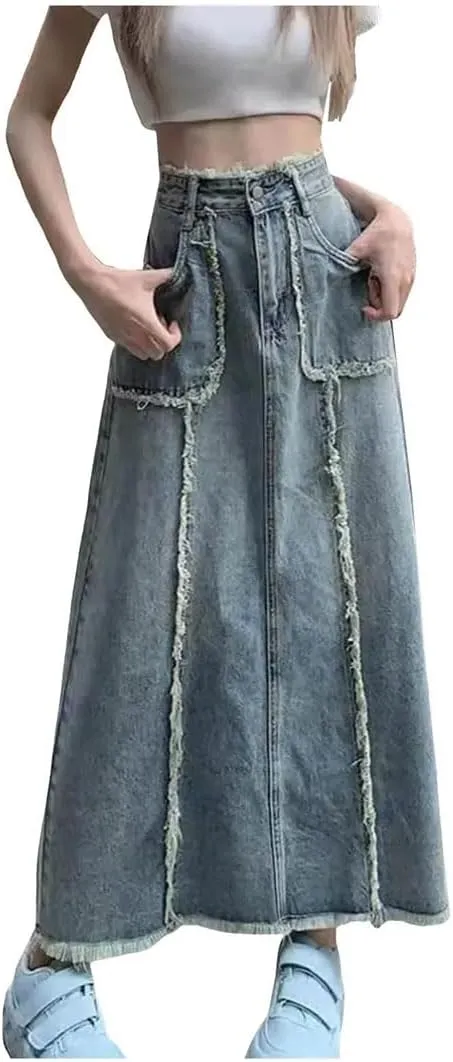 Women Vintage Denim Dress for High Waisted Edge Stitched Jean Street Style A Line Loose Fit Maxi Skirts