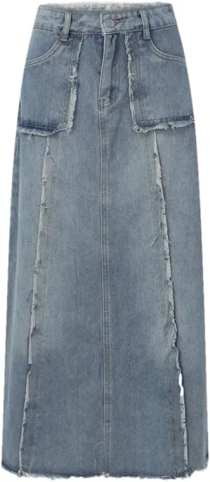 Women Vintage Denim Dress for High Waisted Edge Stitched Jean Street Style A Line Loose Fit Maxi Skirts