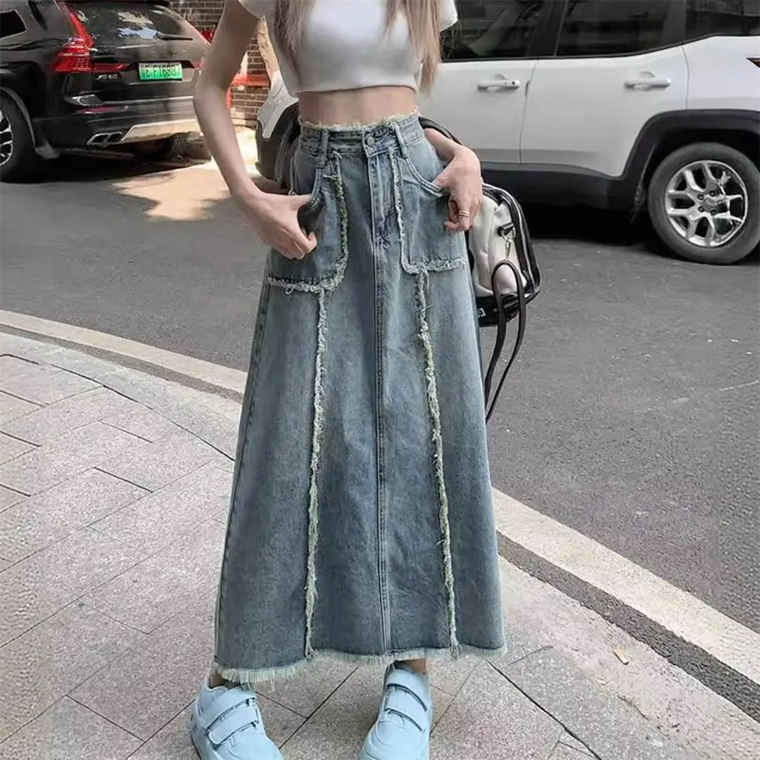 Women Vintage Denim Dress for High Waisted Edge Stitched Jean Street Style A Line Loose Fit Maxi Skirts