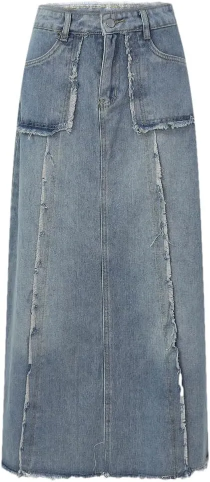 Women Vintage Denim Dress for High Waisted Edge Stitched Jean Street Style A Line Loose Fit Maxi Skirts