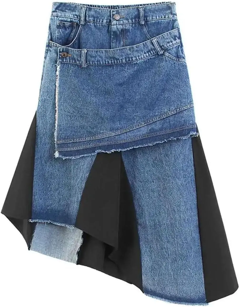 Women Y2K Denim Skirt Personality Design Mid Length Skirt High Waist Loose Fit Ruffle Hem Street Style