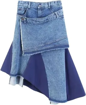 Women Y2K Denim Skirt Personality Design Mid Length Skirt High Waist Loose Fit Ruffle Hem Street Style