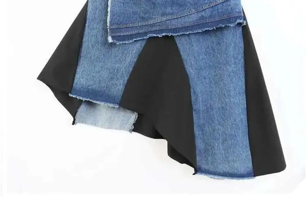 Women Y2K Denim Skirt Personality Design Mid Length Skirt High Waist Loose Fit Ruffle Hem Street Style