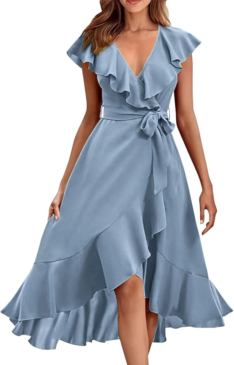 Women's 2025 Summer Wrap Midi Dress Casual Boho Deep V Neck Short Sleeve Ruffle Hem Split Beach Elegance Long Dresses