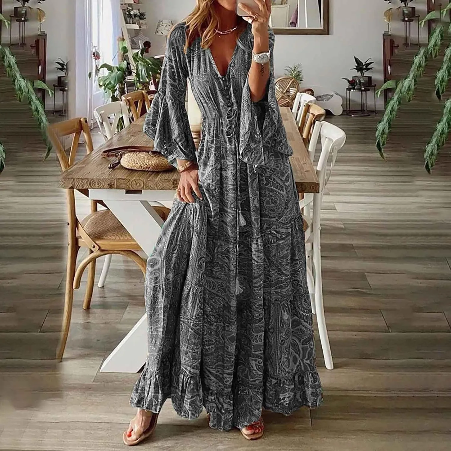 Womens 3/4 Sleeve Casual Boho A-Line Dress Frill Trim V Neck Maxi Dress Plus Size Fashion High Waist Beach Dresses