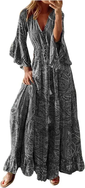 Womens 3/4 Sleeve Casual Boho A-Line Dress Frill Trim V Neck Maxi Dress Plus Size Fashion High Waist Beach Dresses