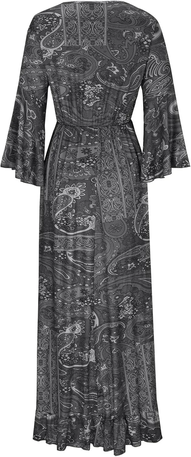 Womens 3/4 Sleeve Casual Boho A-Line Dress Frill Trim V Neck Maxi Dress Plus Size Fashion High Waist Beach Dresses