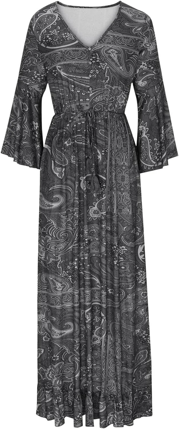 Womens 3/4 Sleeve Casual Boho A-Line Dress Frill Trim V Neck Maxi Dress Plus Size Fashion High Waist Beach Dresses
