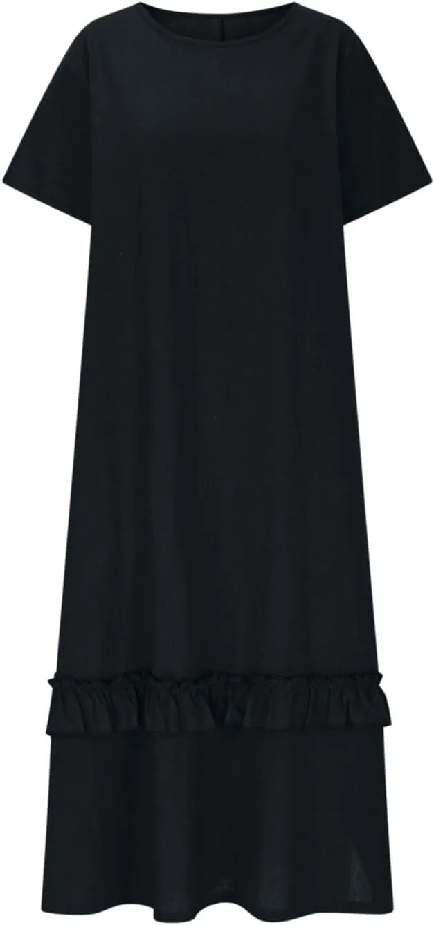 Women's Boho Summer Cotton Linen Maxi Shirt Dress Casual Loose Short Sleeve Side Slit Ruffle Beach Dresses with Pockets
