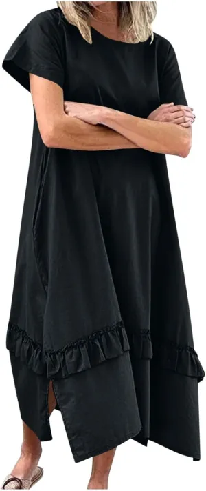 Women's Boho Summer Cotton Linen Maxi Shirt Dress Casual Loose Short Sleeve Side Slit Ruffle Beach Dresses with Pockets