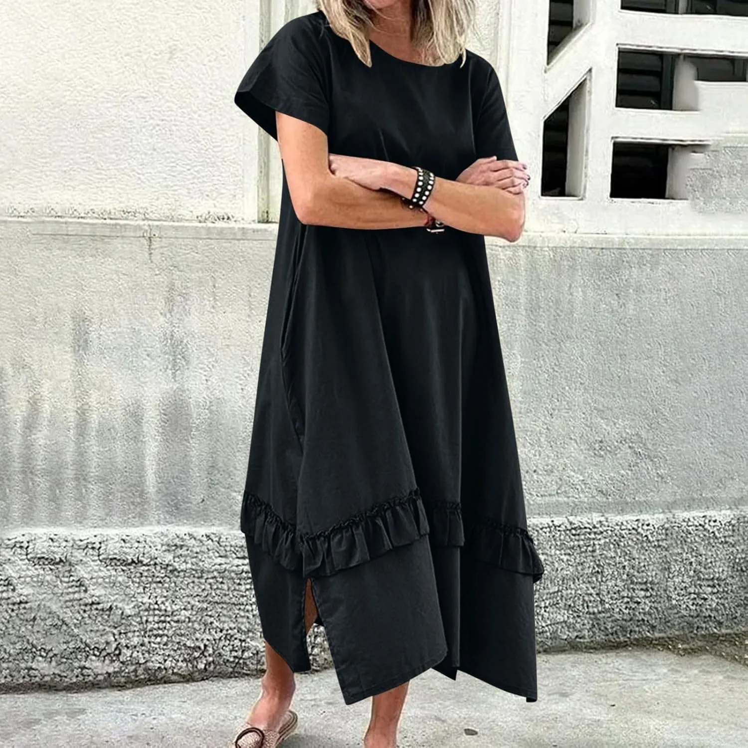 Women's Boho Summer Cotton Linen Maxi Shirt Dress Casual Loose Short Sleeve Side Slit Ruffle Beach Dresses with Pockets