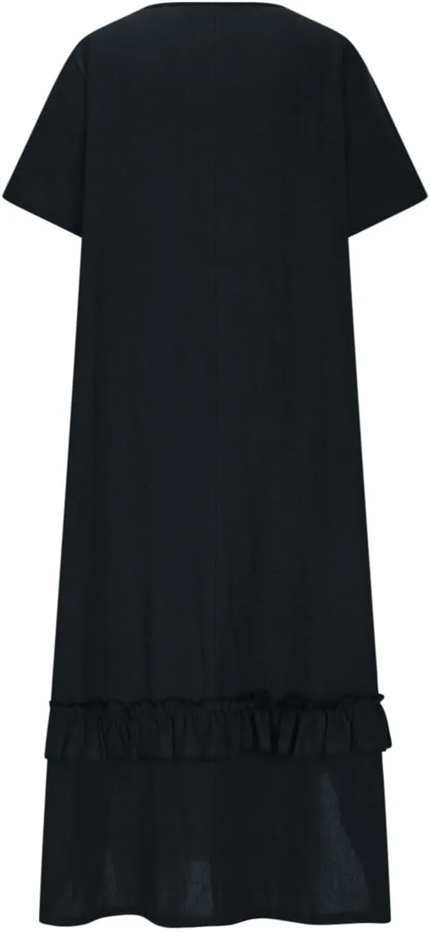 Women's Boho Summer Cotton Linen Maxi Shirt Dress Casual Loose Short Sleeve Side Slit Ruffle Beach Dresses with Pockets