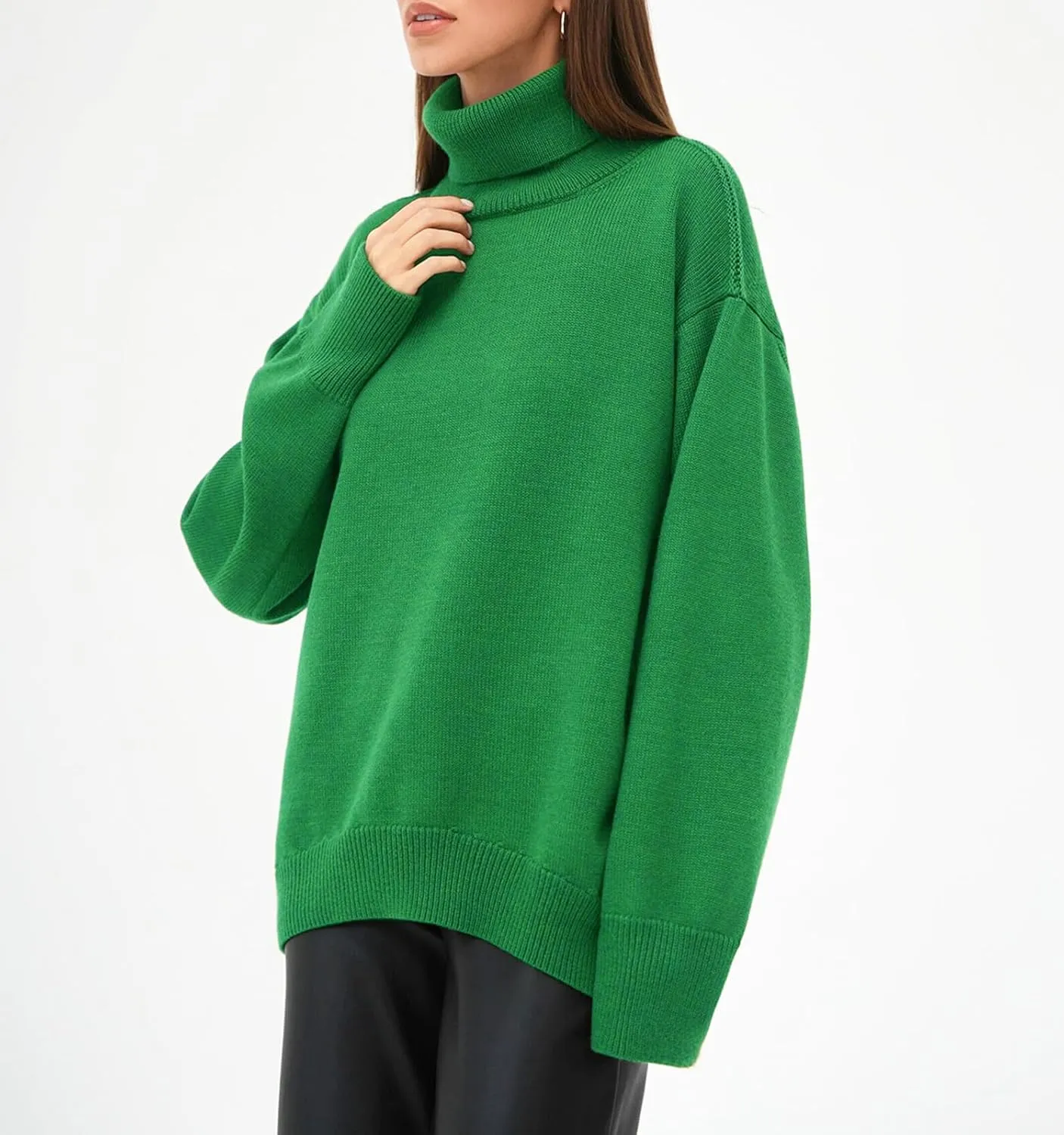 Women's Classic Turtleneck Long Sleeve Drop Shoulder Solid Color Knit Oversized Pullover Sweaters