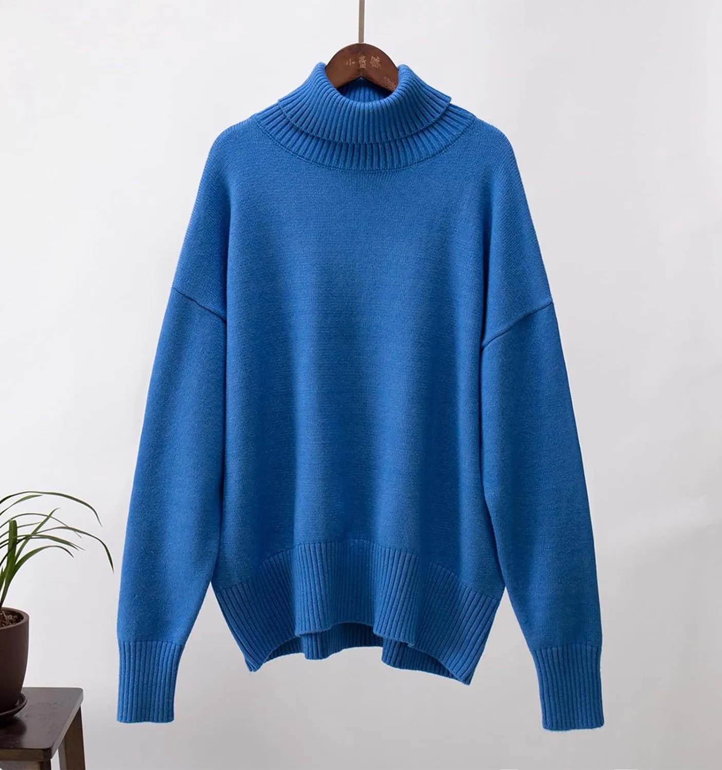 Women's Classic Turtleneck Long Sleeve Drop Shoulder Solid Color Knit Oversized Pullover Sweaters