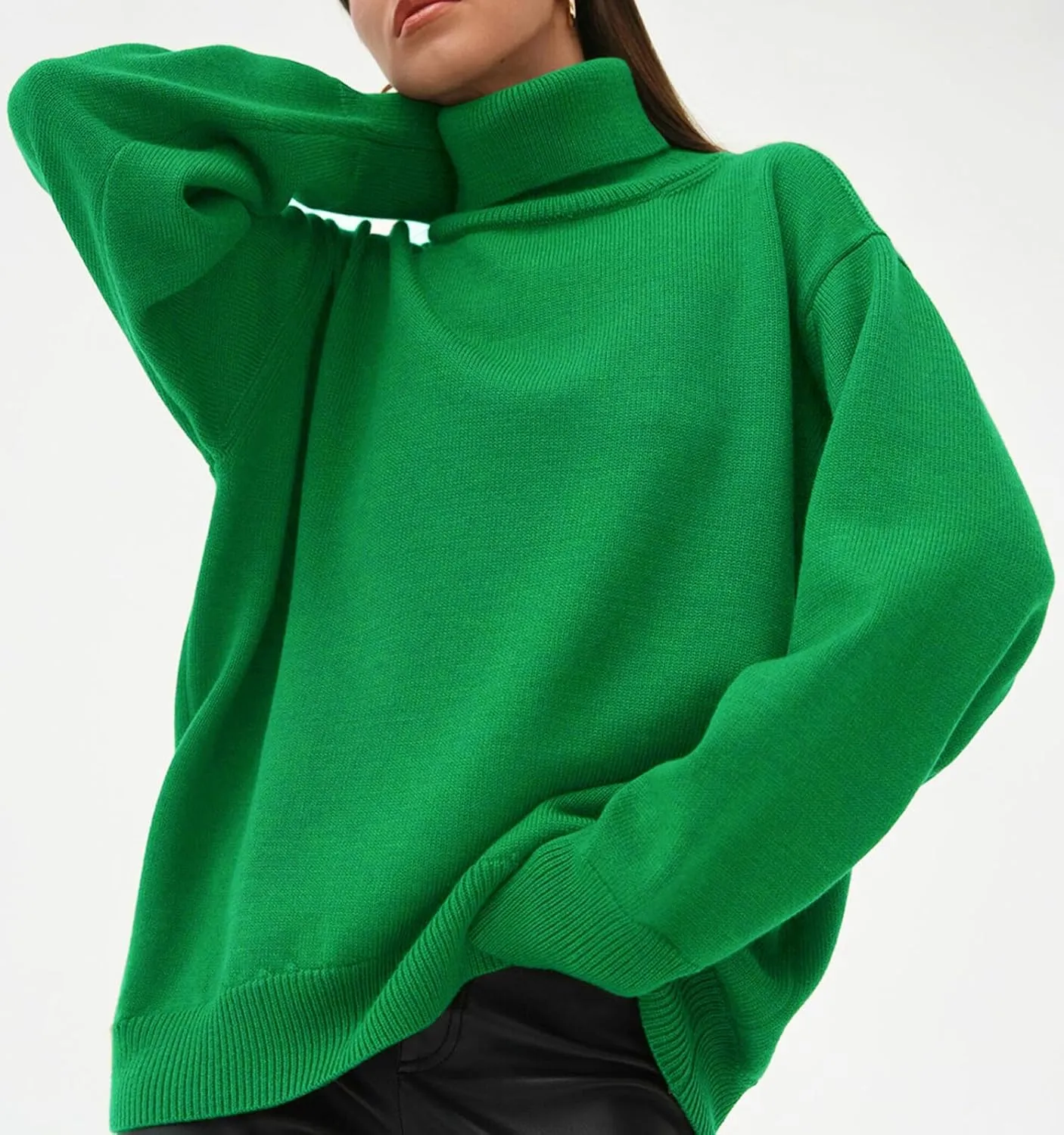 Women's Classic Turtleneck Long Sleeve Drop Shoulder Solid Color Knit Oversized Pullover Sweaters