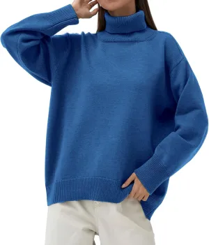 Women's Classic Turtleneck Long Sleeve Drop Shoulder Solid Color Knit Oversized Pullover Sweaters