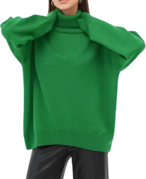 Women's Classic Turtleneck Long Sleeve Drop Shoulder Solid Color Knit Oversized Pullover Sweaters