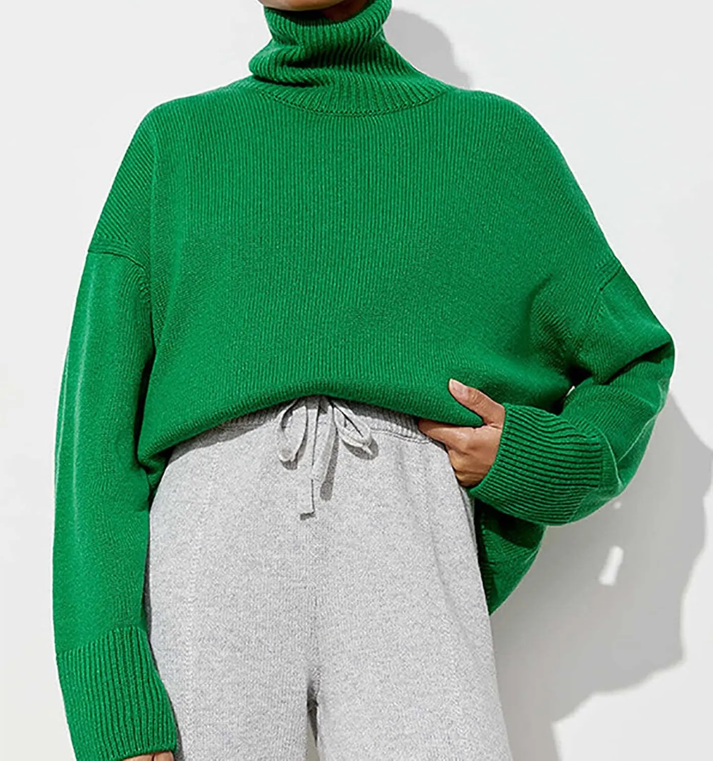 Women's Classic Turtleneck Long Sleeve Drop Shoulder Solid Color Knit Oversized Pullover Sweaters