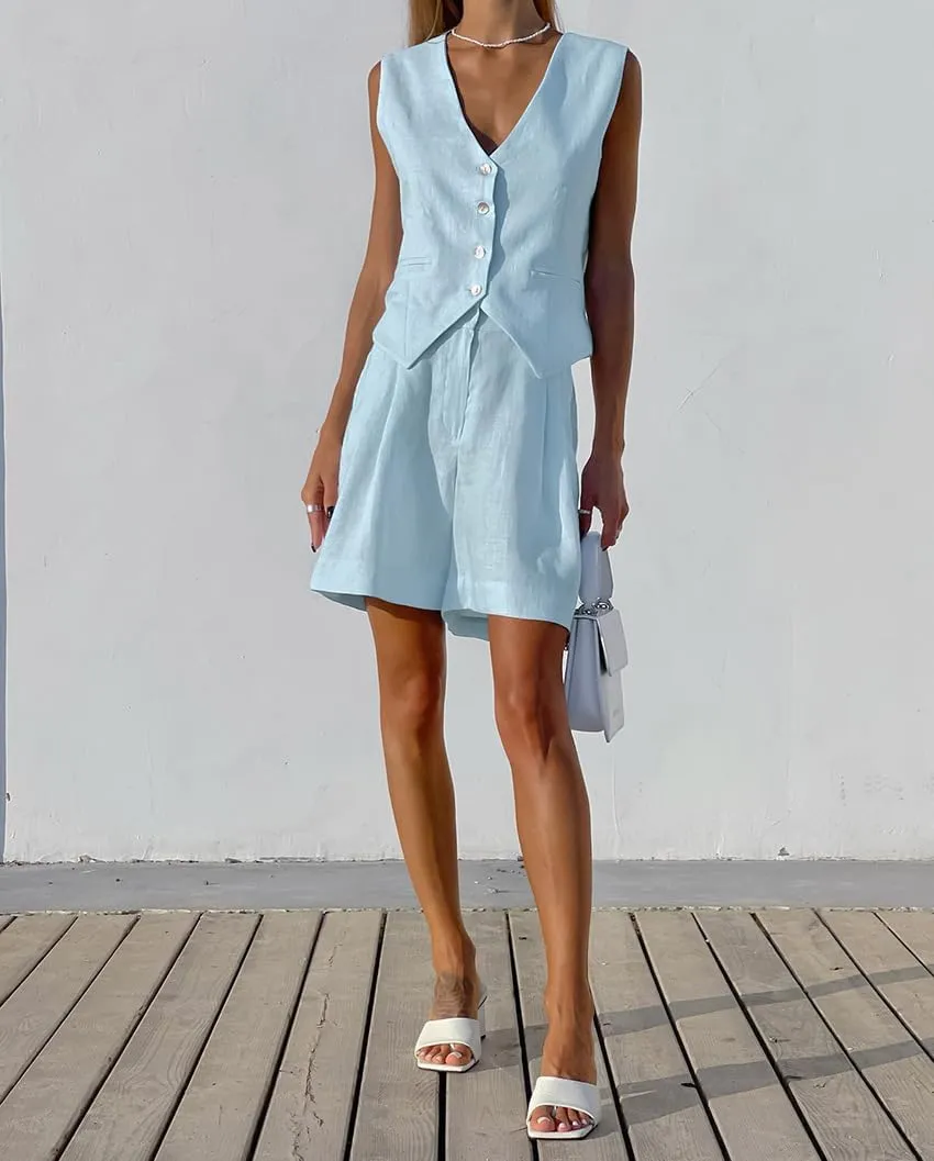 Women's Cotton-Linen Blazer Vest Set with Shorts, Sleeveless V-Neck Two-Piece Outfit, Casual Summer Street Style