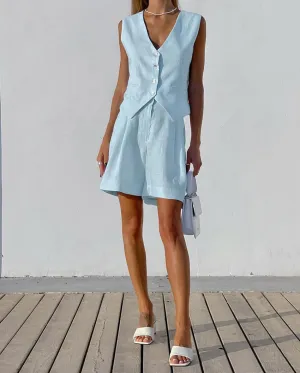 Women's Cotton-Linen Blazer Vest Set with Shorts, Sleeveless V-Neck Two-Piece Outfit, Casual Summer Street Style