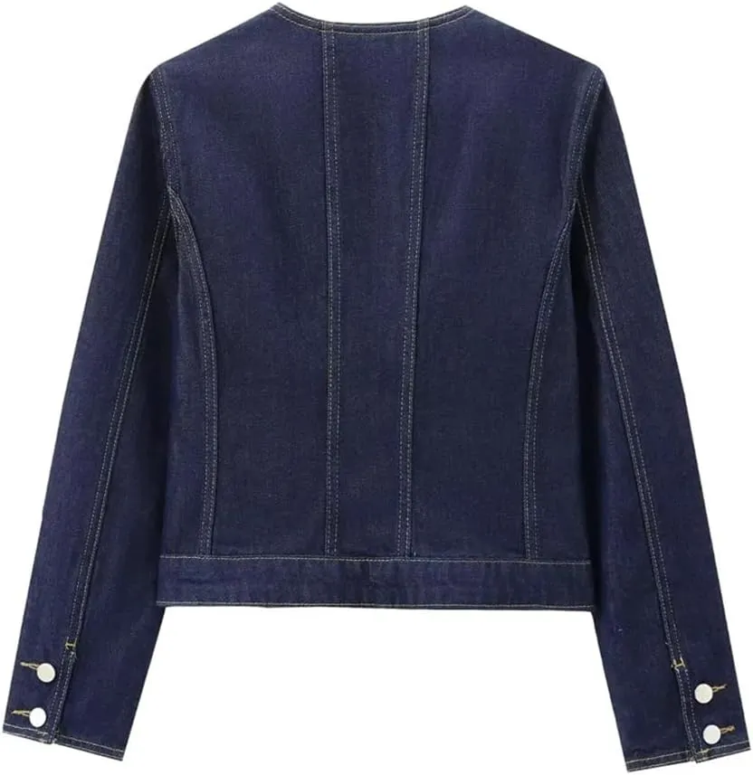 Women's Crew Neck Denim Jacket Blue Button Multi-Pocket Street Style Jean Coat