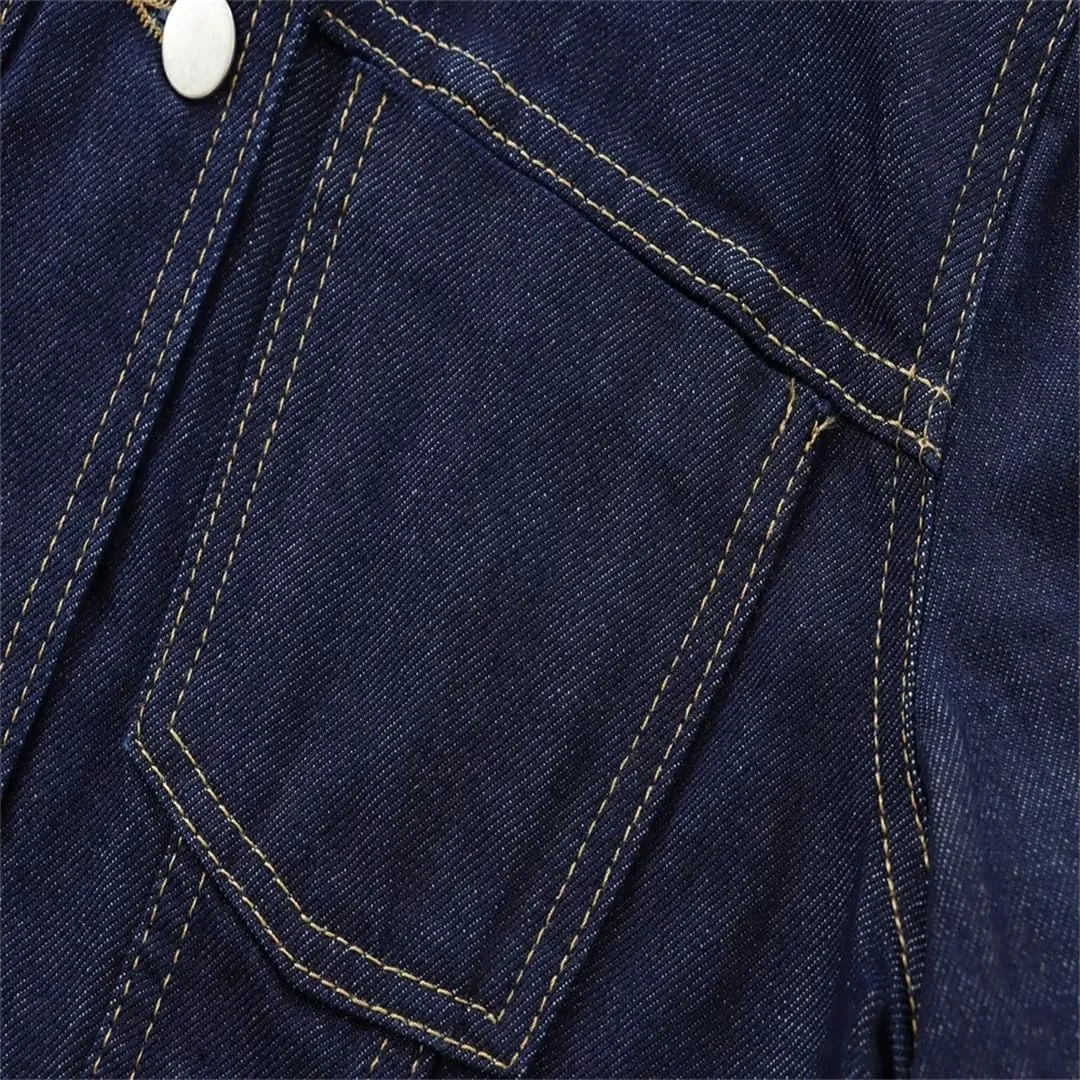 Women's Crew Neck Denim Jacket Blue Button Multi-Pocket Street Style Jean Coat