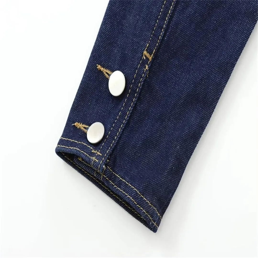 Women's Crew Neck Denim Jacket Blue Button Multi-Pocket Street Style Jean Coat