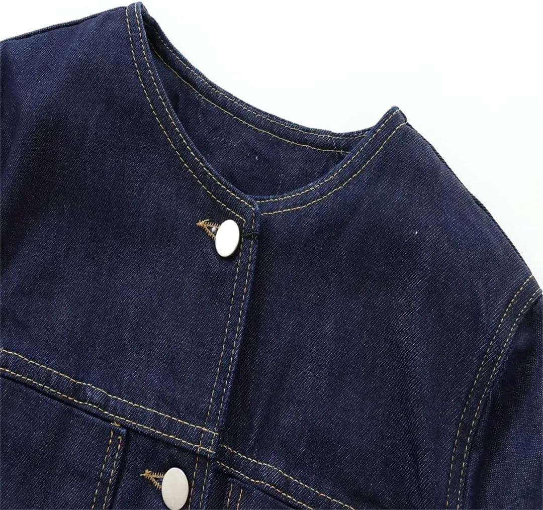 Women's Crew Neck Denim Jacket Blue Button Multi-Pocket Street Style Jean Coat