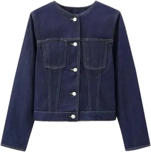 Women's Crew Neck Denim Jacket Blue Button Multi-Pocket Street Style Jean Coat