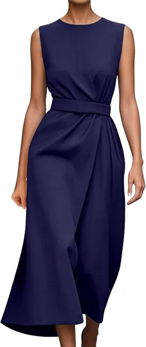 Women's Crew Neck Maxi Formal Dresses Elegant Sleeveless Wedding Guest Evening Party Dress Solid Color with Belt