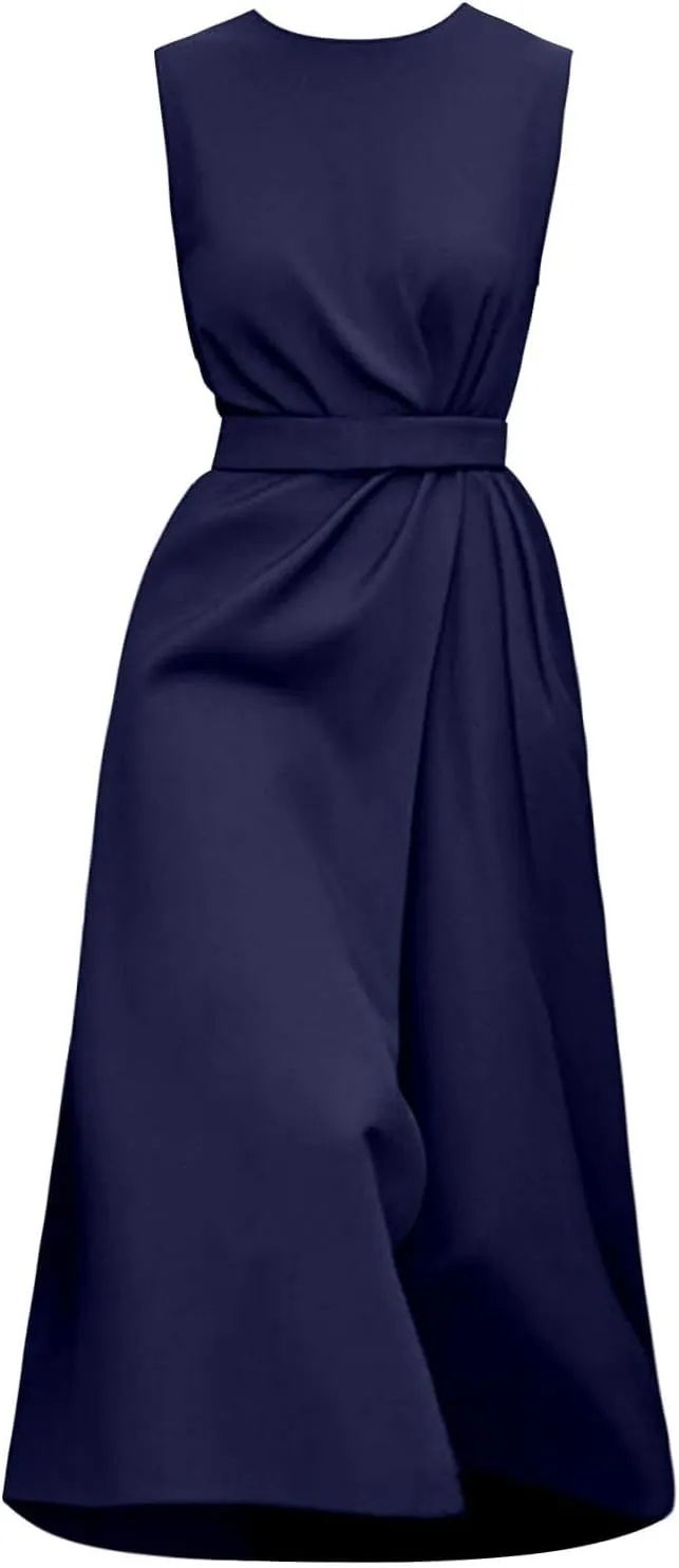 Women's Crew Neck Maxi Formal Dresses Elegant Sleeveless Wedding Guest Evening Party Dress Solid Color with Belt